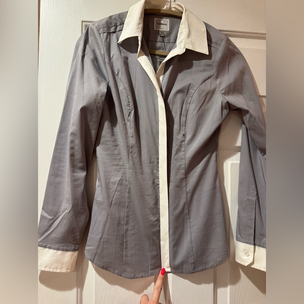 Gray and White Button-Up Shirt